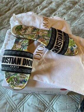 Christian Dior Floral Embroidered Slide Sandals - Black & Multicolor